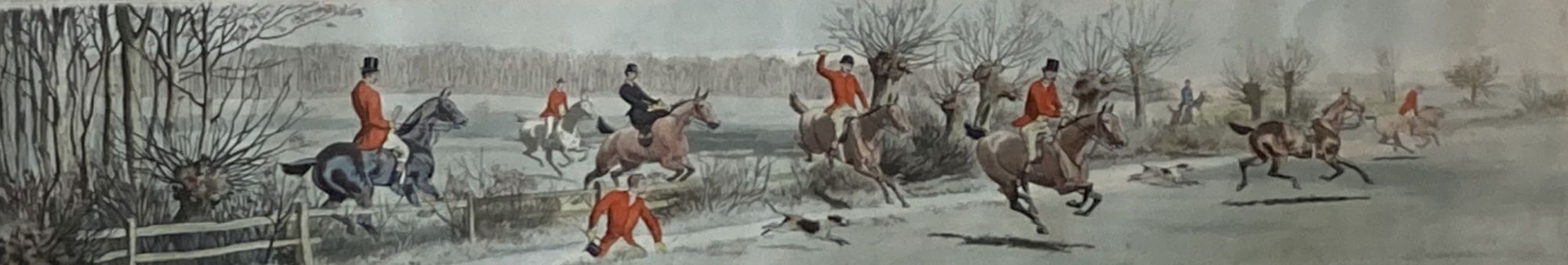 A set of 4 hand coloured shooting prints after Wolstenholme, 40 x 46cm and a set of 4 hunting prints, overall 30 x 66cm